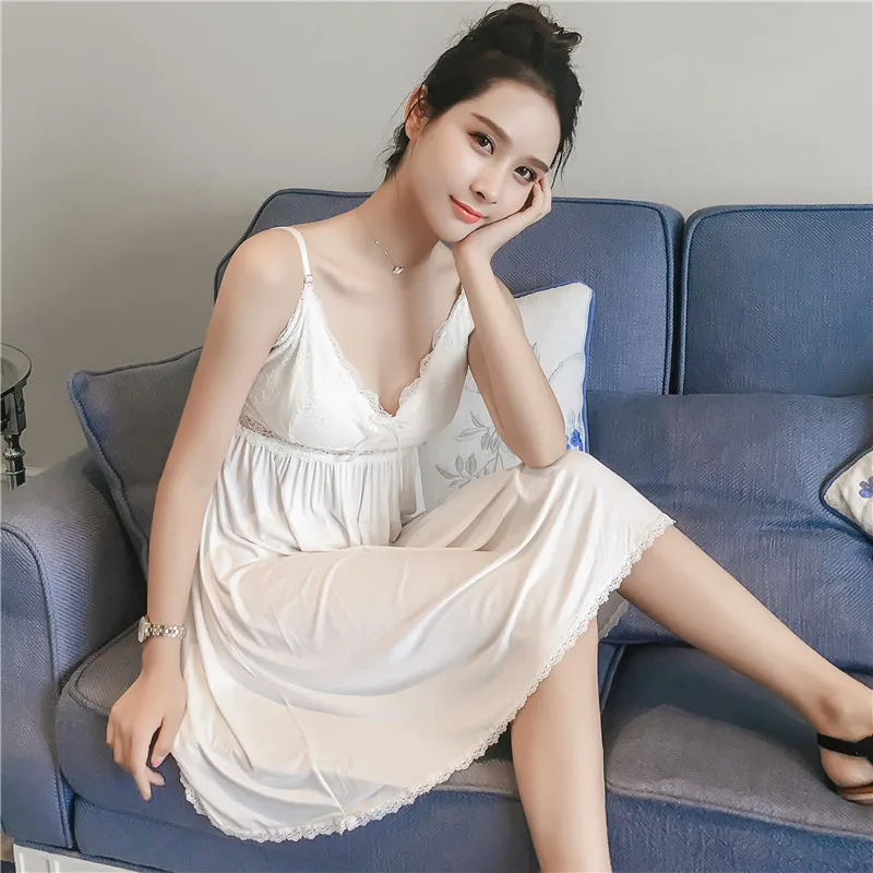 Summer New Sleepwear Nighty Sexy White Home Dressing Gown Intimate Lingerie Casual Cotton Nightgown Women Nightdress Homewear