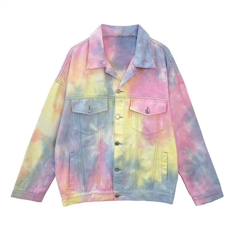 Spring Autumn Rainbow Color Tie Dye Jeans Jacket Unisex Denim Bomber Coat Single-breasted Cardigan Crop Tops Streetwear 2021