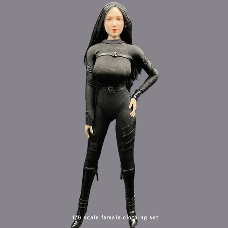 

In Stock 1/6 Scale Sexy Female Agent Combat One-piece Suit Stealth Jumpsuit Bodysuit Shoulder Strap Belt Hollow High Boots Model