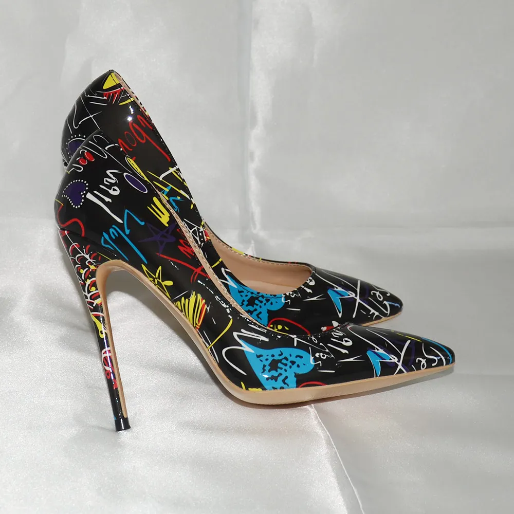 Veowalk Artistic Graffiti Print Women Sexy Stiletto High Heels Black Ladies Party Pointed Toe Pumps Shoes Customized Accept