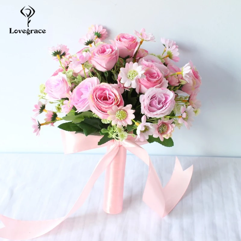 Lovegrace-buquê de flores artificiais, flor falsa, rosa, peônia, damas de honra, buquê de flores, flor, botão, menina, margaridas, casa, flores de casamento