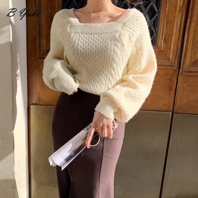 

Blessyuki 2023 Autumn Winter Thick Knitted Solid Sweater Women Elegant Sexy Square Collar Pullover Off The Shoulder Sweater Top