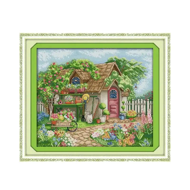 Summer garden cottage cross stitch kit aida 14ct 11ct count print canvas stitches embroidery DIY handmade needlework