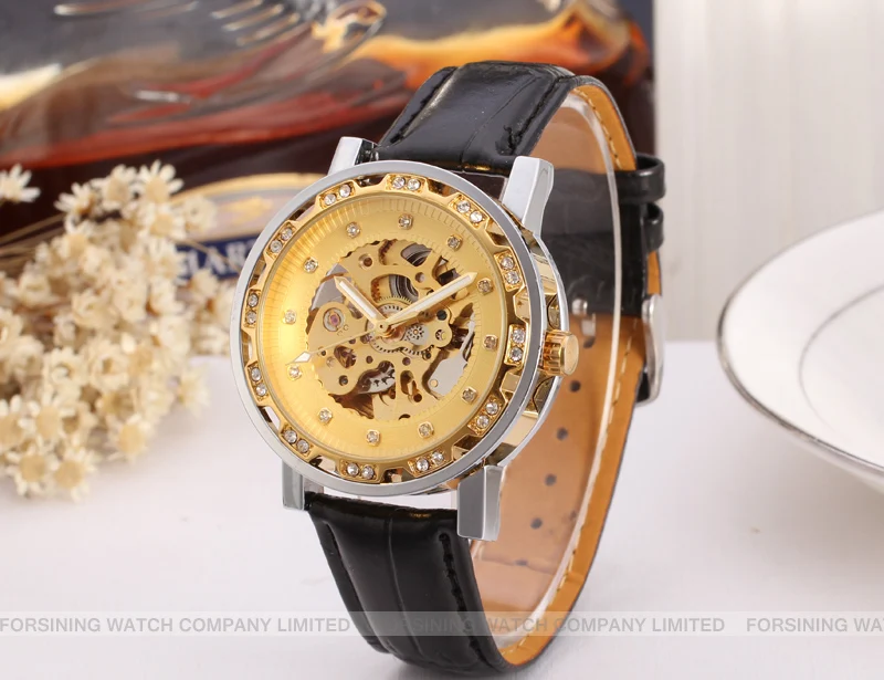 Forsining Mode Trend Mannen En Vrouwen Gold Hollow Dial Ontwerp Zwarte Lederen Band Automatische Mechanische Polshorloge