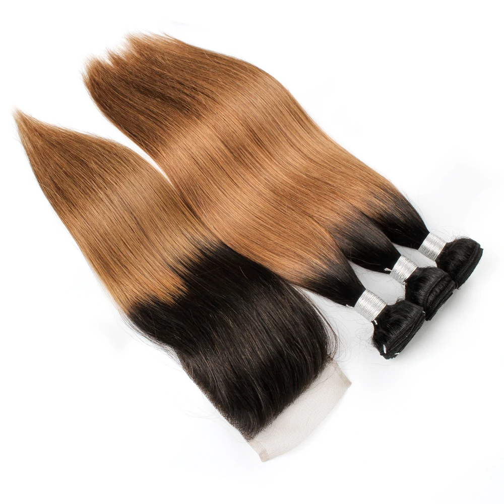 Kisshair T1B27 T1B30 Haar Bundels Met Sluiting Honing Blonde Medium Auburn Met Donkere Wortels 4*4 Zwitserse Kant Indische menselijk Haar Weave