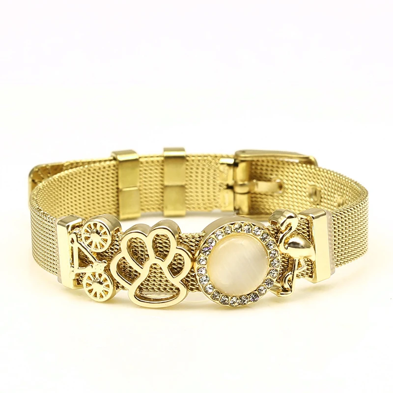 Stainless Steel Mesh Watch belt Bracelets For Women Men Couple Lovers Bear Paws Bicycle Crystal Round Charm Bracelet Bangle