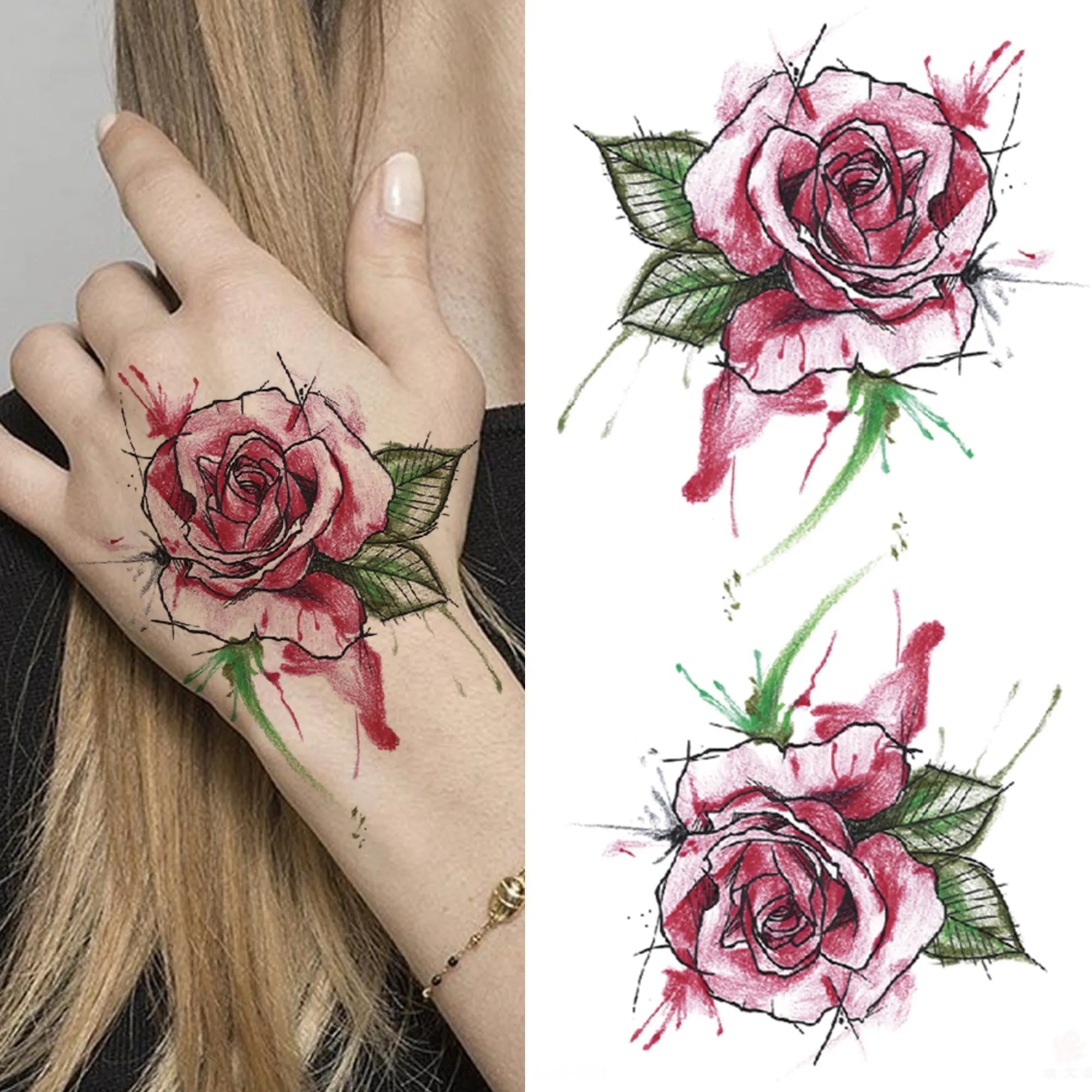 Aquarela rosa flor tatuagens temporárias para mulheres meninas falso crânio  lotus cadeias tatuagem adesivo lily dreamcatcher tatoo braço mão / Tatuagem  e arte corporal, image size:2000x2000