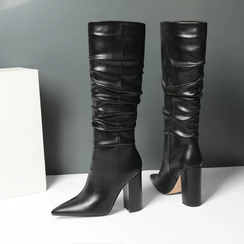 QUTAA Keep Warm Knee High Boots Autumn Winter PU Leather Women Shoes Pointed Toe Fashion High Heel Woman Boots Size 34-43