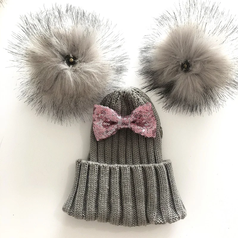 Kids Bow Knot Knit Double Pompom Hat For Girls Faux Fur Baby Caps Winter Children Beanie