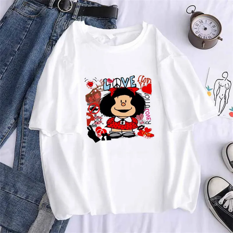 Women Mafalda Cute Graphic Harajuk Print T-shirt Tops 2020 Summer Fashion Short Sleeved T-shirt  Girl,Drop Ship