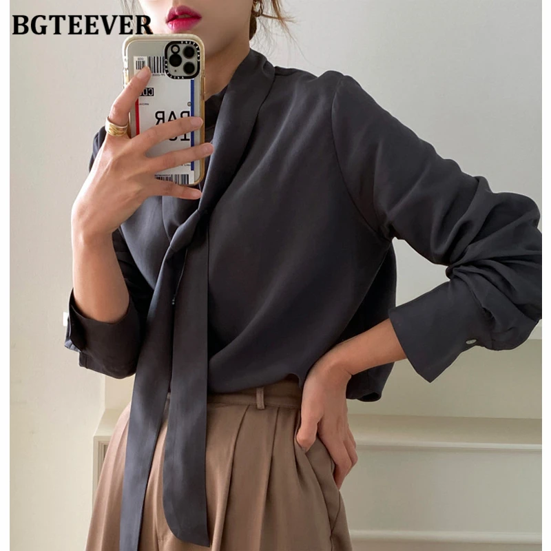 BGTEEVER Elegant Work Wear Bow Neck Women Shirt Blouses 2021 Spring Office Ladies Long Sleeve Loose Blusas Tops Femme