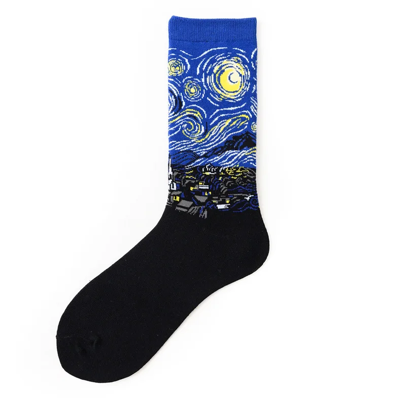 Hot Sale 1pair Combed Cotton Colorful Van Gogh Retro Oil Painting Men Socks Cool Casual Vogue Funny Party Dress Crew Socks