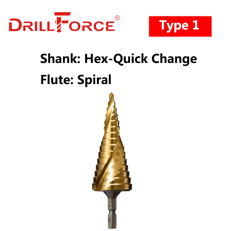 Drillforce التيتانيوم خطوة لقمة ثقب HSS دوامة مستقيم مخدد مثلث عرافة تغيير سريع عرقوب المعادن النجارة ثقب القاطع