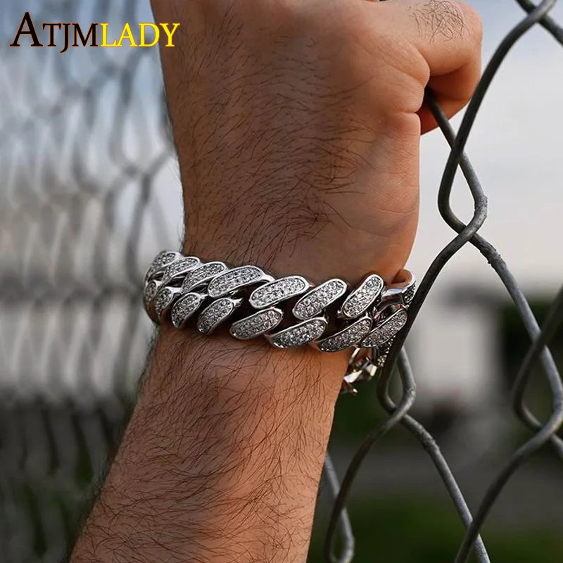 2025 Women Men\'s Chunky Iced Out Bling Hiphop Sparking Pave 5A Cubic Zirconia 18mm Width Miami Cuban Link Chain CZ Bracelet