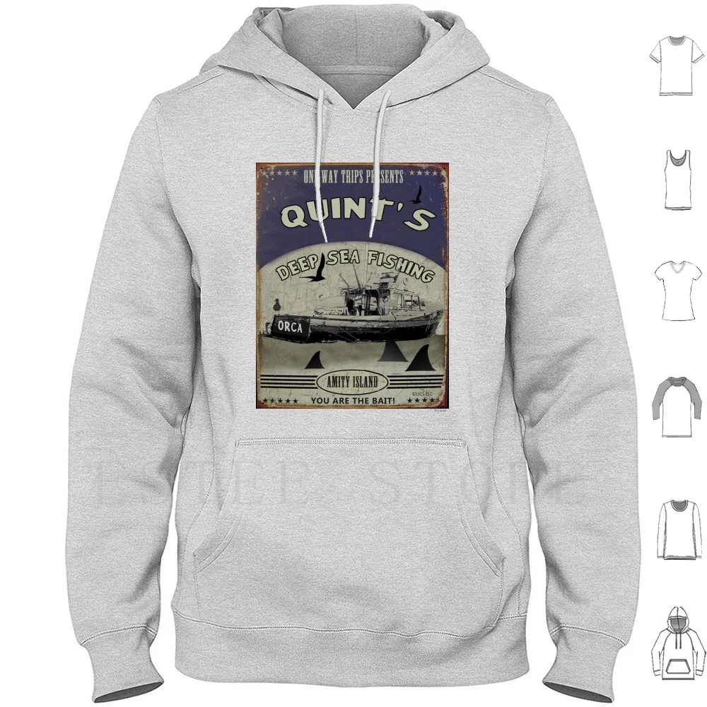 Quint's Shark Fishing ( One Way Trips ) Hoodie Long Sleeve Quints Shark Fishing Quint Jaws Pastiche 80s Sharks Shark Robert