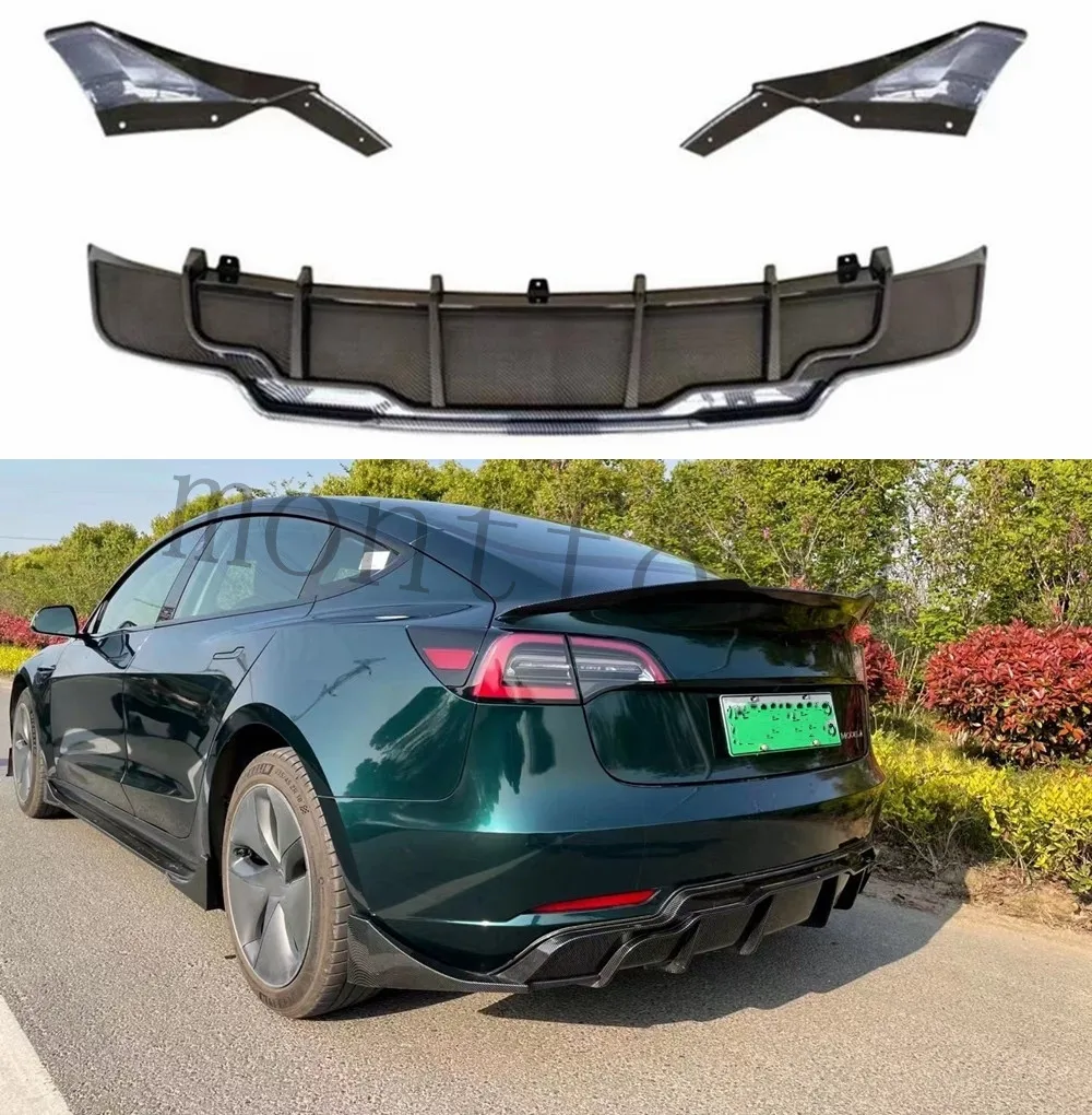 

For Tesla Model 3 Sedan 2017-2020 4-Door Rear Bumper Diffuser Lip Carbon Fiber Look Side Corner Cover Splitter Guard Plate