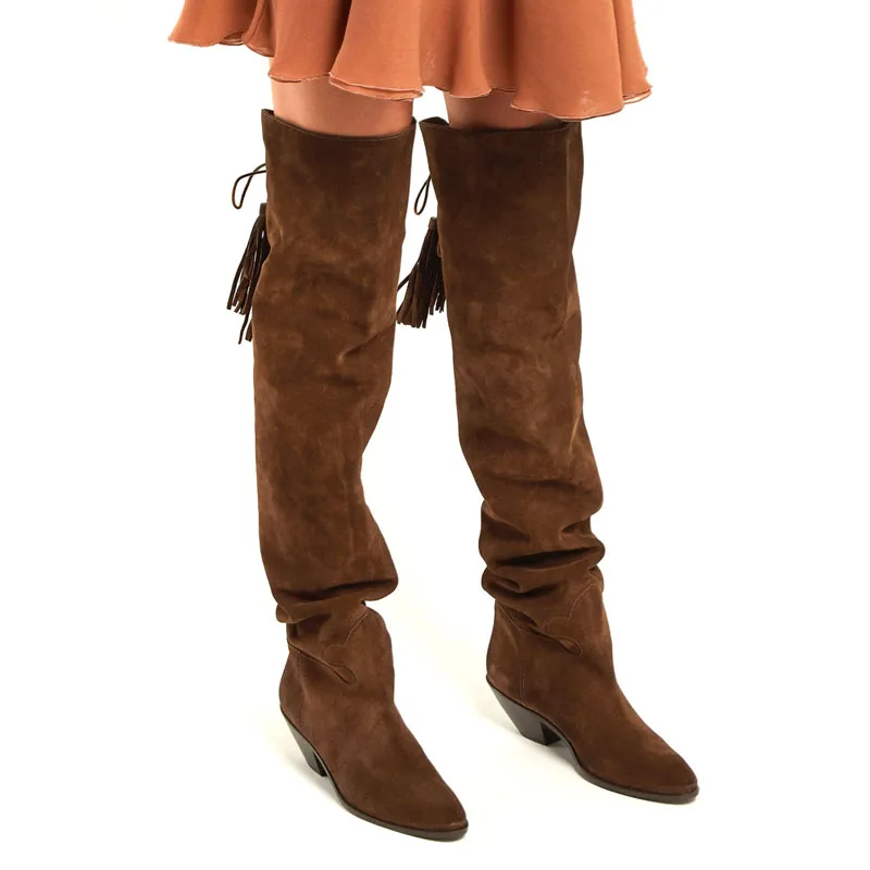 

Ladies Back Fringed Lace Up Thigh Boots Woman Solid Suede Tassel Chunky Heels Over the Knee Boots Long Knight Boots