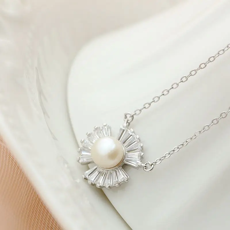 

Real 925 Sterling Silver Pendant Inlaid Rhinestone Fashion Natural Freshwater Pearl Silver Necklace Wedding Party Jewelry Gift