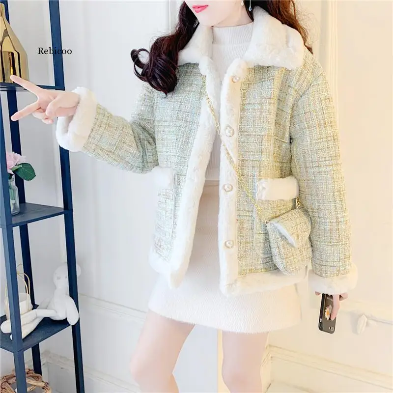 Faux Fur Temperament Lovely Thick Tweed Stitching Lambswool Casual Single-Breasted Pocket Coats Female+Chain Bag