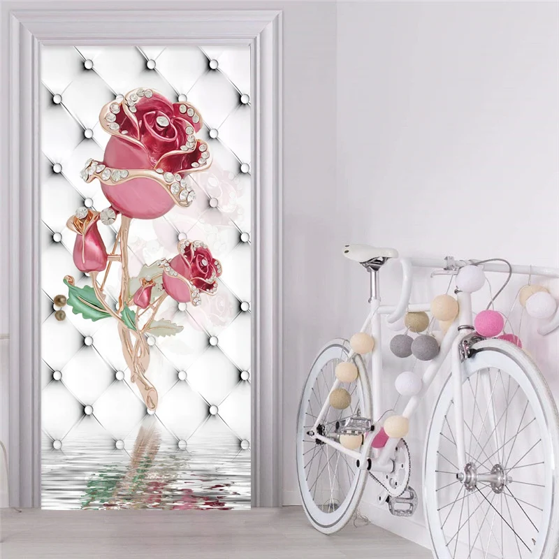 

PVC Self-Adhesive Waterproof Door Sticker 3D Pink Rose Flowers Soft Roll Jewelry Mural Wallpaper Living Room Home Poster Sticker