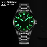 Carnival Super Luminous 25 Jewels Automatic Watch Men Black Stainless Steel Mechanical Watches Waterproof Mens Clock Calendar