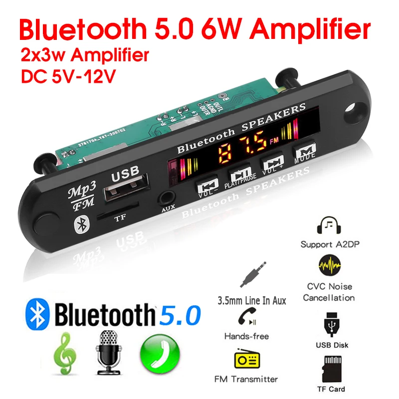 Hands-free MP3 Player Decoder Board 5V 12V Bluetooth 5.0 6W amplifier Car FM Radio Module Support FM TF USB AUX Recorders