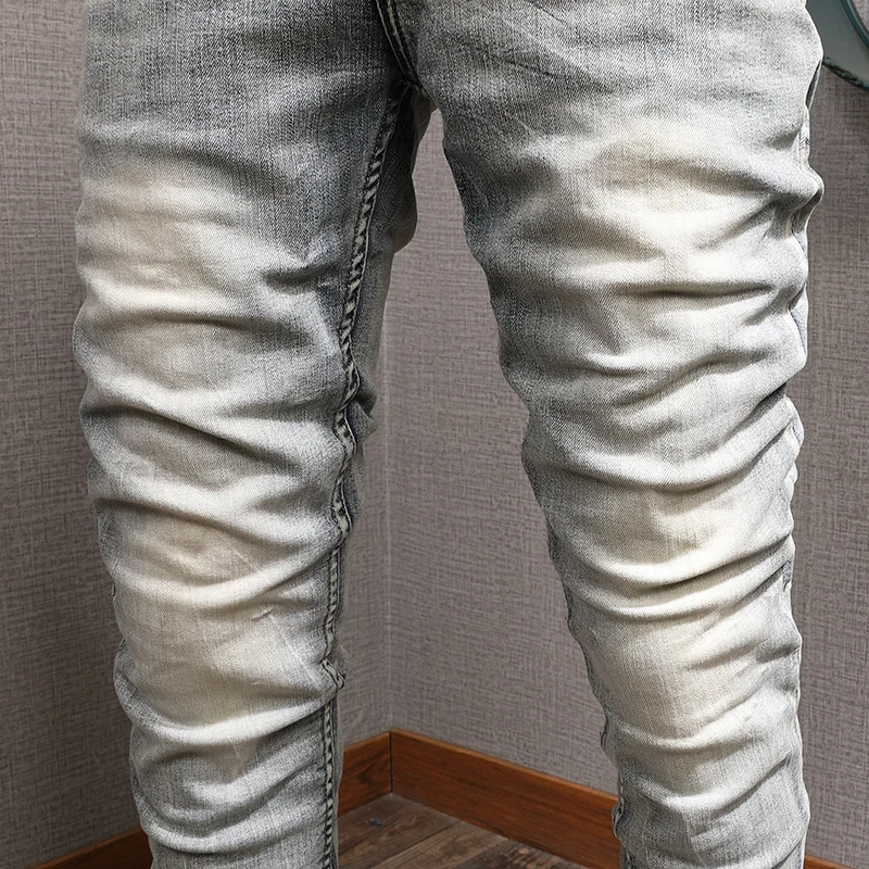 Vintage Jeans Men Autumn Cotton Straight Slim Fit Retro Blue Pants Mens Denim Trousers