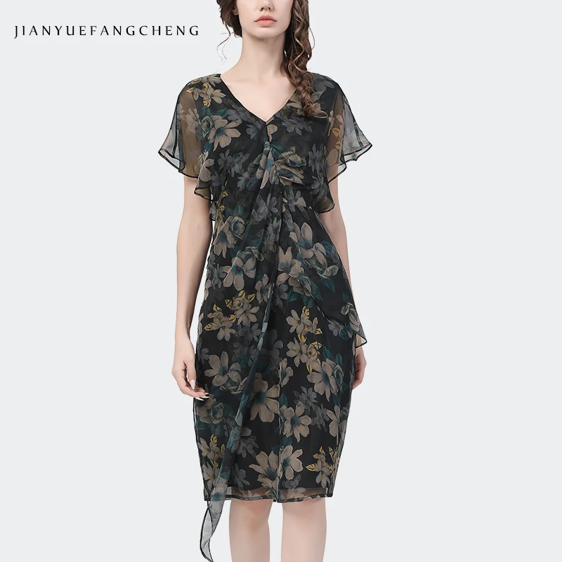 

Chiffon Floral Printed Women Summer Pencil Dress Knee-Length Elegant Bodycon Short Sleeve V-Neck Ladies Female Casual Dresses