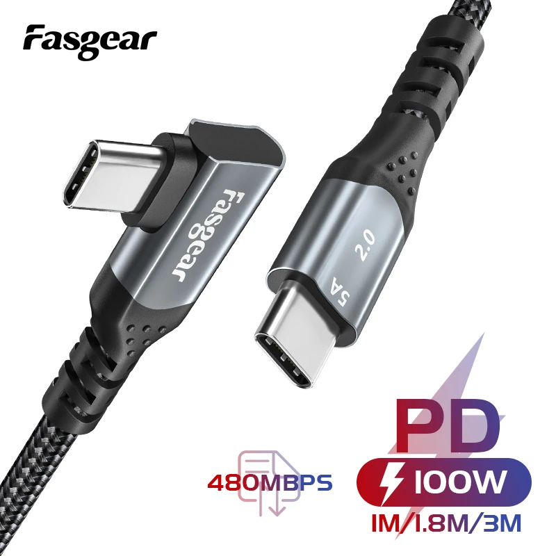 Fasgear 100W USB C to USB C Cable 90Degree PD Fast Charge Cord 480Mbps Data Cable For Xiaomi Samsung Huawei P30 P20 Macbook iPad