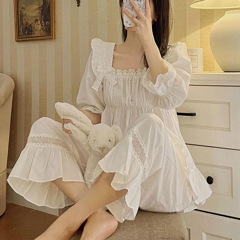 Women Spring Autumn Full Sleeves 100% Cotton Nightwear Princess Sweet Square Collar Two-Pieces Pajamas Casual Long Pants PYJS