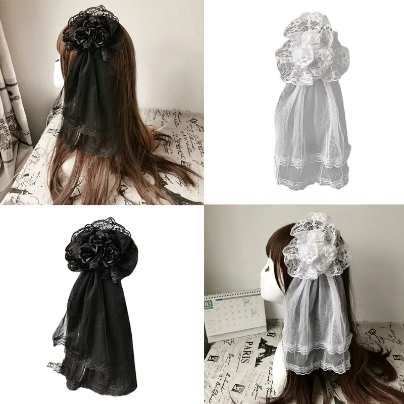 Girls Classic Lolita Style Lace Veil Rose Hairpin Flower Barrette Party Headdress Cosplay Party Elegant Accessories Anime