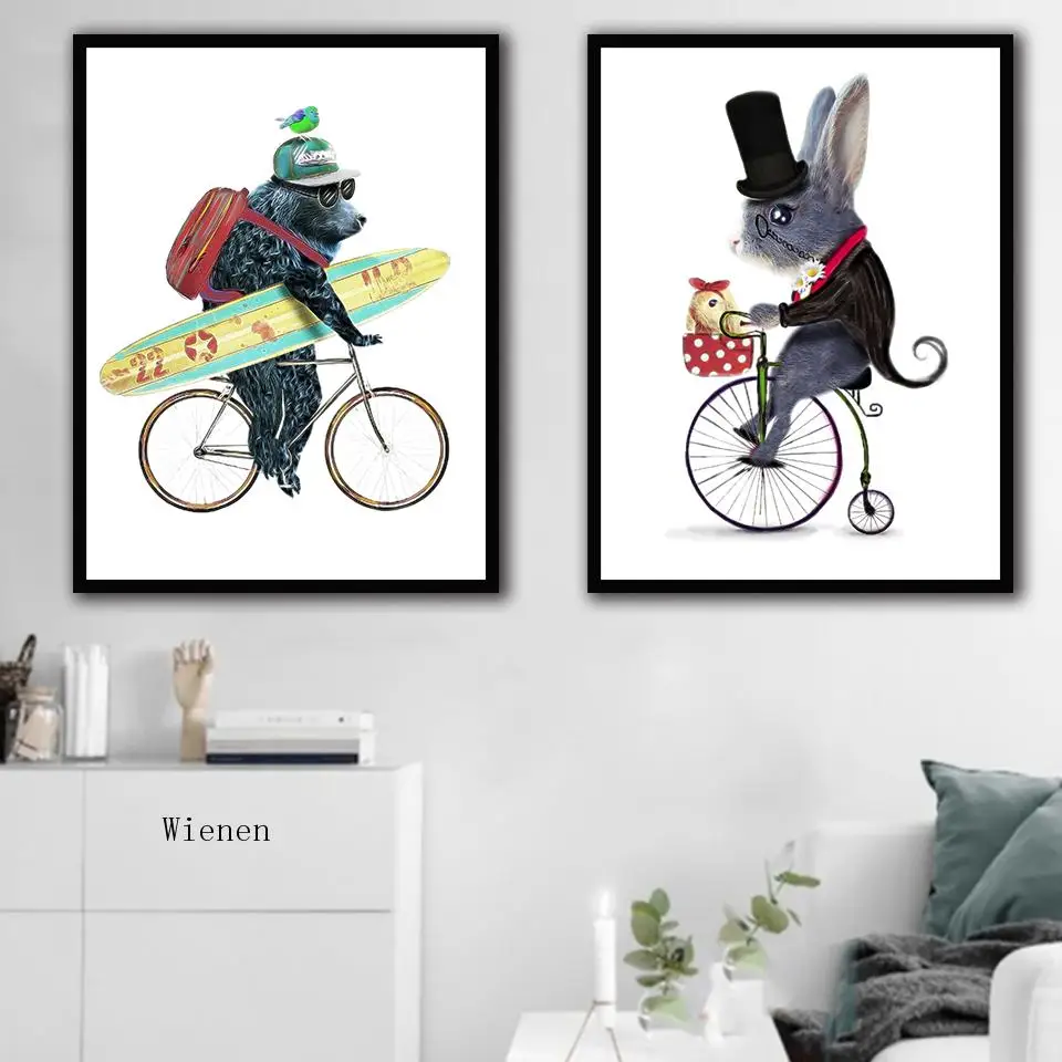 Lovely Bear Rabbit Ride On Bike Animals Posters and Prints Canvas Decorative Paintings Wall Art Picture for Nursery Living Room