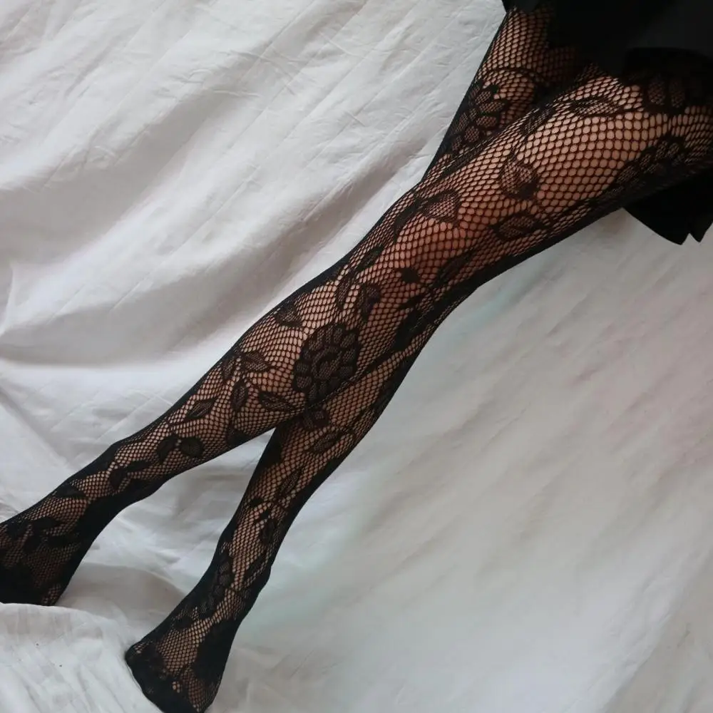 KASURE Sexy Women Tights Transparent Jacquard Pantyhose Flower Pattern Tattoo Popsockets Mesh Fishnet Tights High Elastic