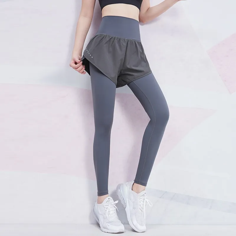 Women High Waist Leggings 2 in 1 Sports Jogging Gym Fitness Tights Female Reflective Night Run Workout Tummy Control Pants