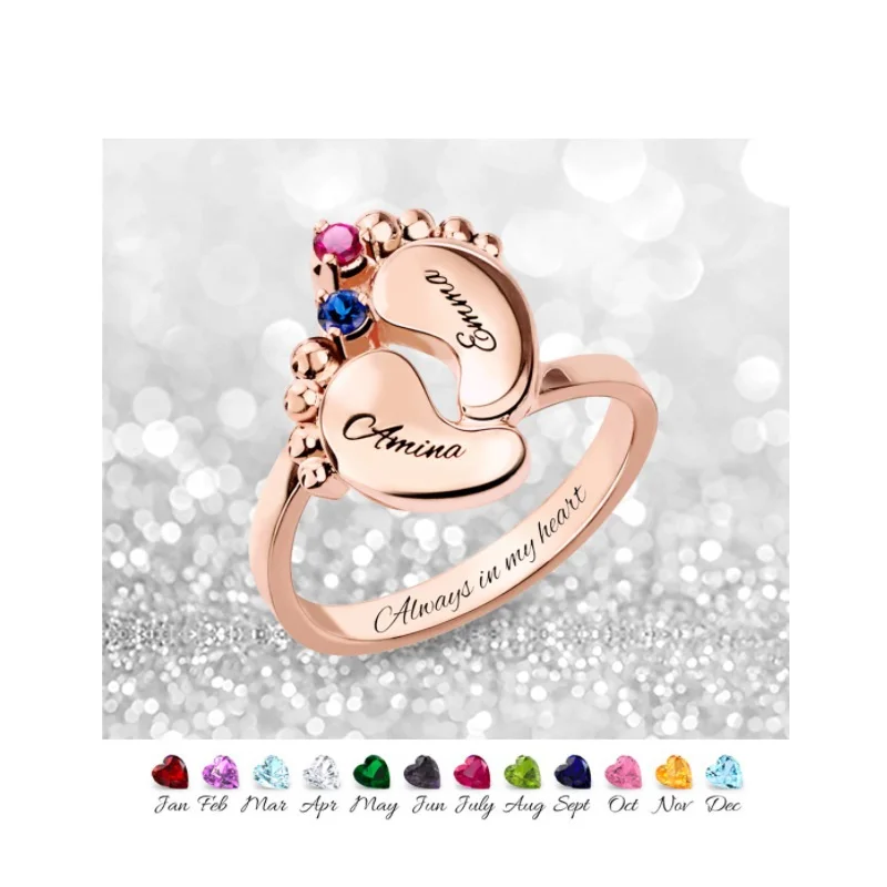 

Custom Engraved Feet Ring With Birthstone Baby Ring Customized Name Rings Baby Feet Ring For Women Valentine's Day Gifts