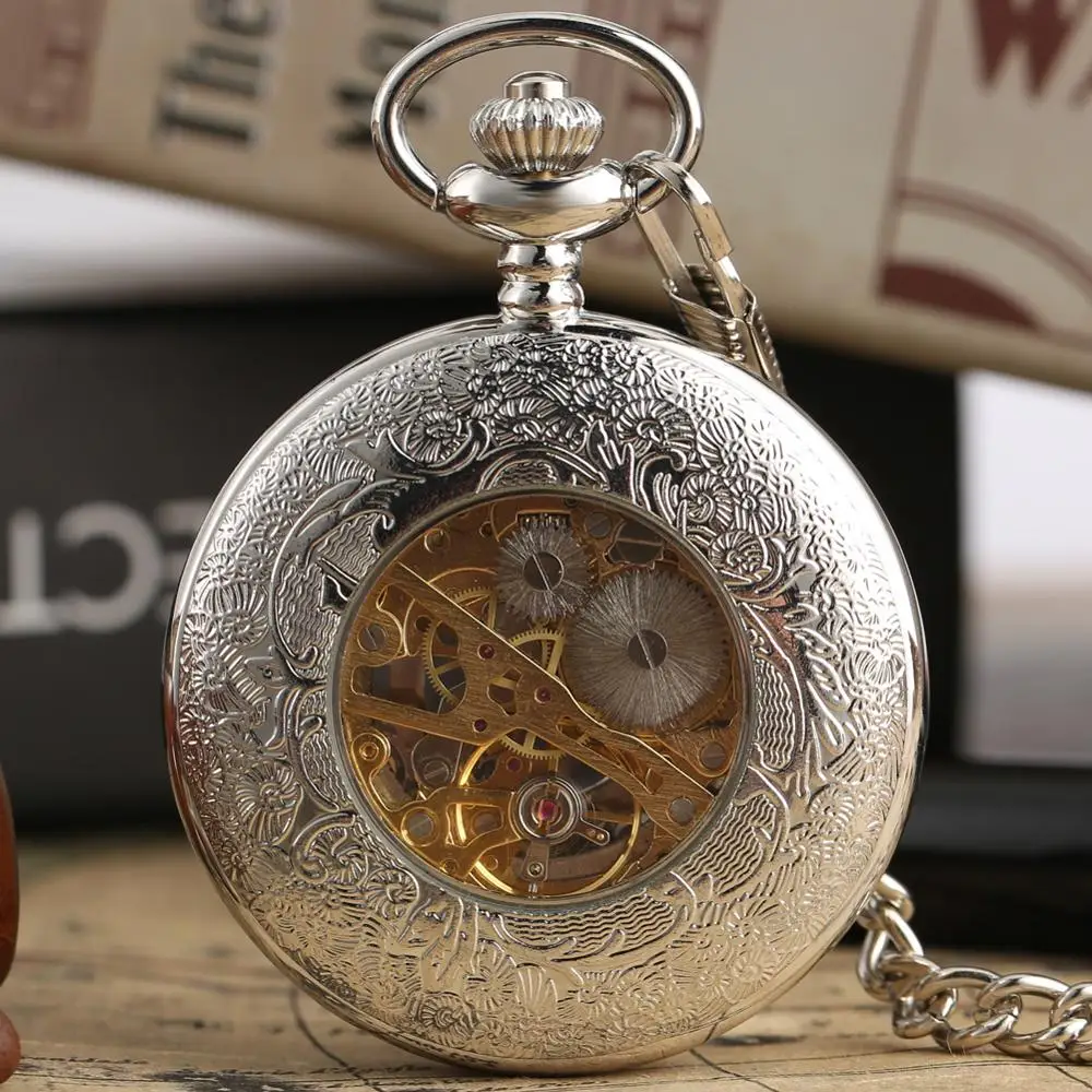 Fashion Hollow Flower Silver Hand Winding Mechanical Pocket Watch Luxury Silver Metal Web Case Hand Winding Watch Sets + Box Bag