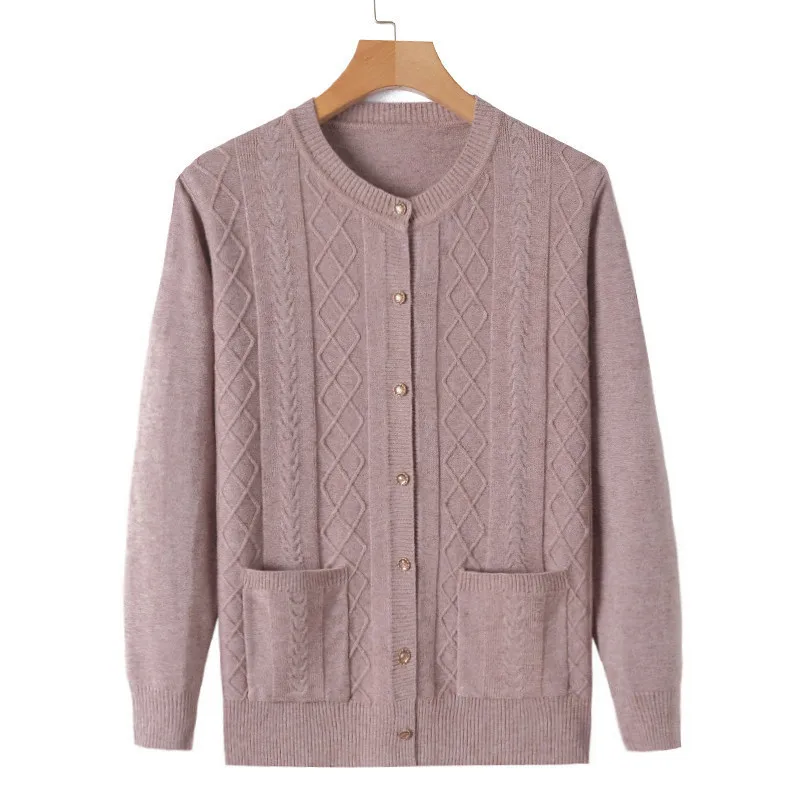 UHYTGF Knitted Sweater Womens Middle-Aged Mother Casual Spring Autumn Jacket Cardigan Female Single Breasted Big Size Tops 1101