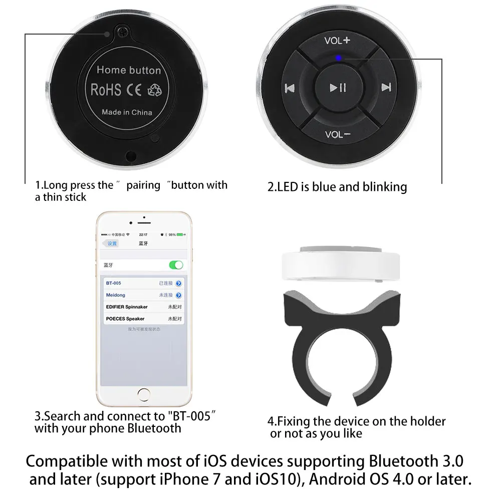Leepee controle remoto sem fio para celular, android e ios, motocicleta, com bluetooth, botão de volume de mídia