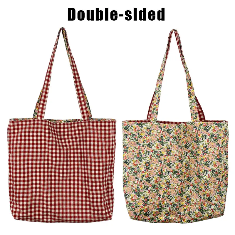 Youda Reversible Folding Ladies Large Tote Bag Plaid Striped Casual Floral Print Canvas Mesh Shoulder Bag