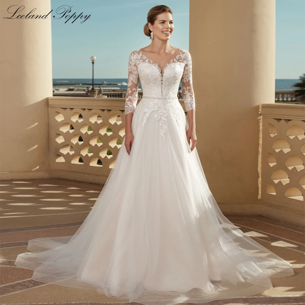 Lceland Poppy Customized A Line Scoop Neck Tulle Wedding Dresses 3/4 Sleeves Floor Length Bridal Gowns with Belt