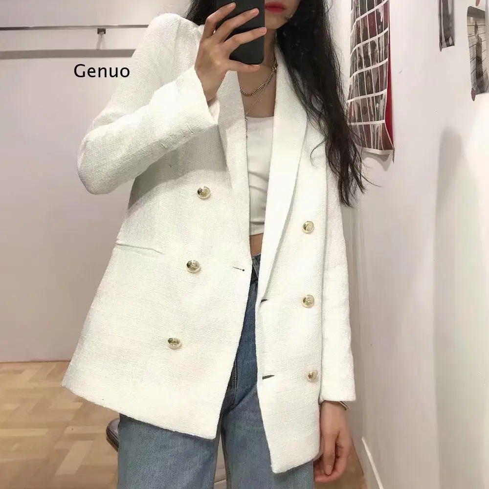 Spring and Autumn Women's White Tweed Double-breasted Slim Textured Long Sleeve Jacket Blazer Women blazer