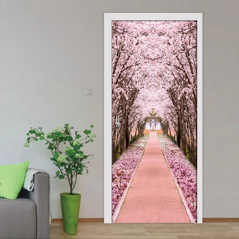 Pink Cherry Tree Path Wall Paper Door Sticker For Living Room Bedroom PVC Self-adhesive Waterproof Door Decor Mural 3D Decals