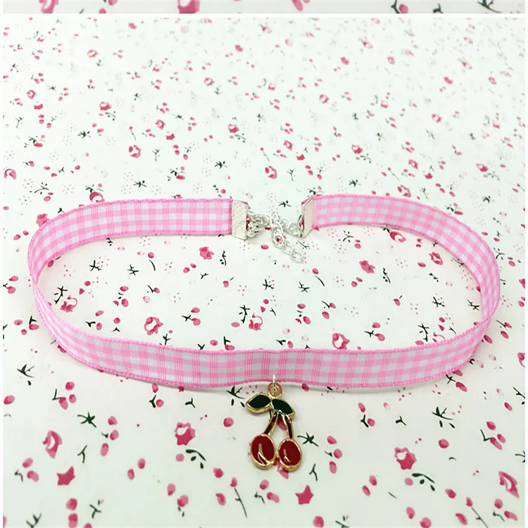 Korea Sweet Cherry Pendant Necklace Female Simple Plaid Fabric Fruit Cotton Girl Chokers Accessories Jewelry