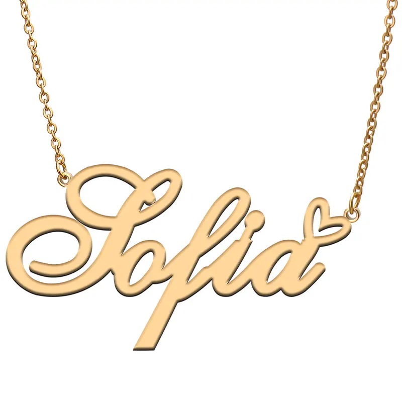 Sofia Name with Heart Necklace for Women Stainless Steel Jewelry Nameplate Pendant Femme Mother Child Girls Gift