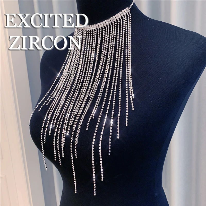 EXCTED ZIRCON Fashion Luxury Woman Sexy Tassel Body Chain Chest Chain bling Rhinestone Crystal Jewelry Necklace Party Prom Gift