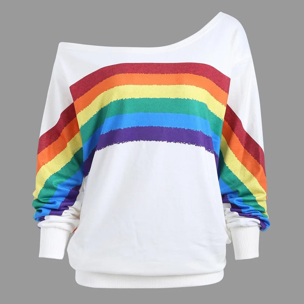 Rainbow Sweatshirt Women Skew Collar Off Shoulder Colorful Stripe Printing Long Sleeve Hoodies Polerones Mujer Women Sweatshirt