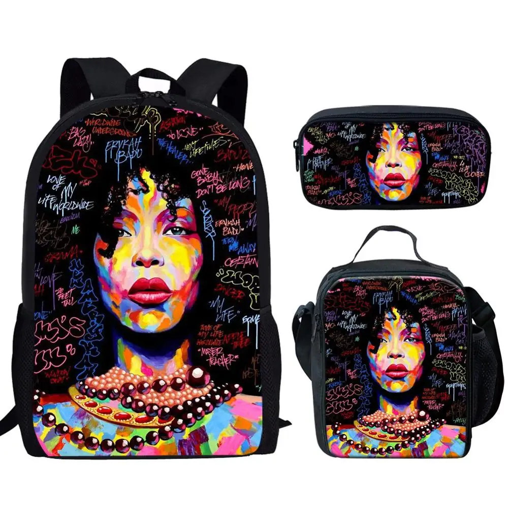 Afro Sacos de Escola Menina Conjunto Preto Menina Da Arte Graffiti Impressão Senhora Mochila Para Adolescente Meninas Mochila Escolar Bookbag Mochila Do Miúdo