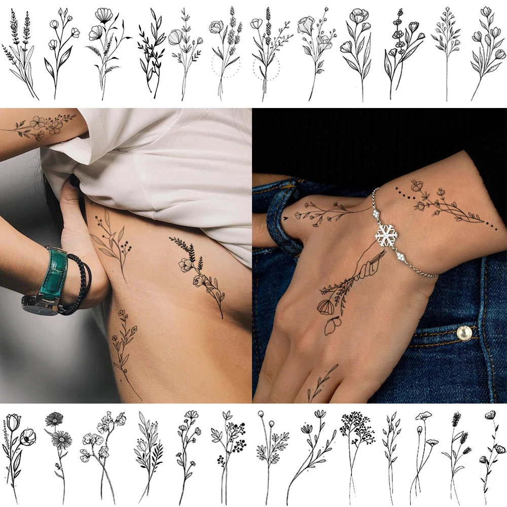 Tatuajes temporales de flores de lavanda de acuarela 3D para mujeres, arte corporal, brazo, Flora falsa, pegatina de tatuaje para adultos, tatuajes impermeables para niñas