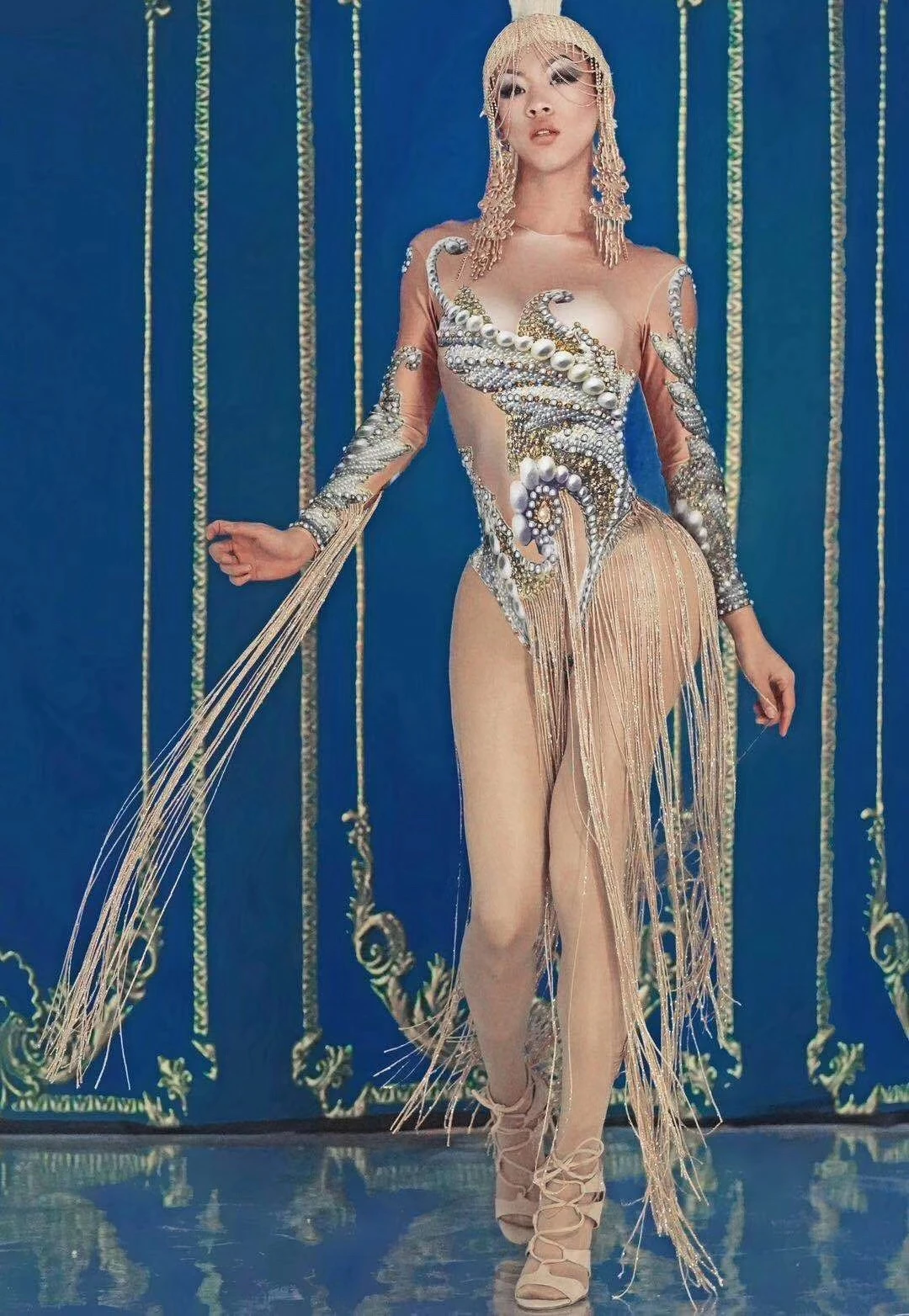 Long Tassel Rhinestones Pearl Pattern Printing Women Bodysuit Performance Costume Ladies Backless Bodycon Stage Outfit