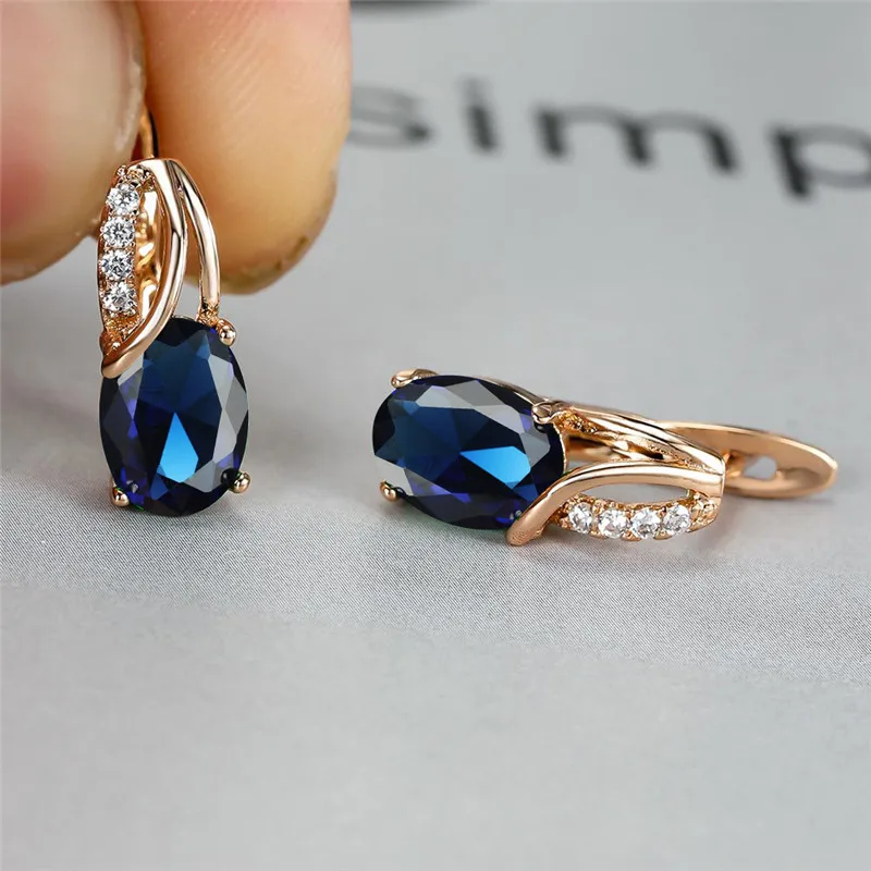 Women's Aqua Blue Zircon Oval Stone Hoop Earrings, Boho Style